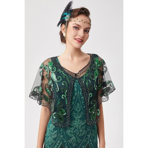 🆕 Women Green Sequin Beaded Evening Cape Bridal Shawl Bolero Flapper Cover Up - Picture 2 of 6